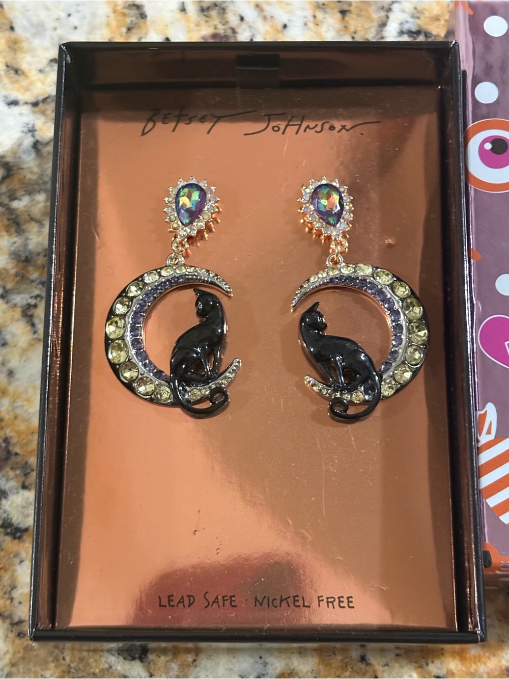 Betsey Johnson Halloween Black Cat Moon Drop Earrings - Black and Iridescent